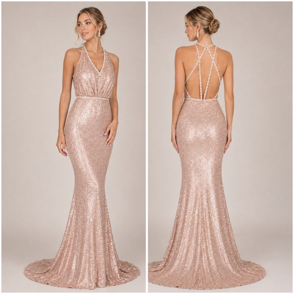 PRONOVIAS Joya Sequin Beaded Maxi Dress Sleeveless Strappy Sparkle Formal Gown